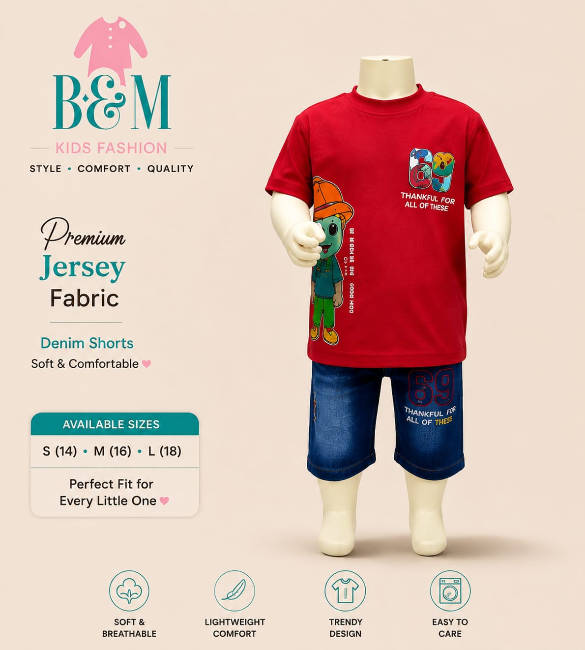 Boys Jersey T-Shirt & Denim Shorts Summer Set | Sizes 14–18