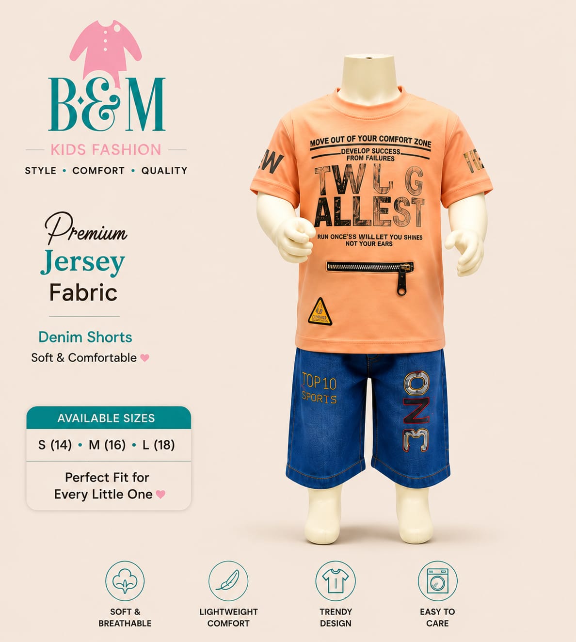 Boys Summer Jersey Set with Denim Shorts | Sizes 14–18