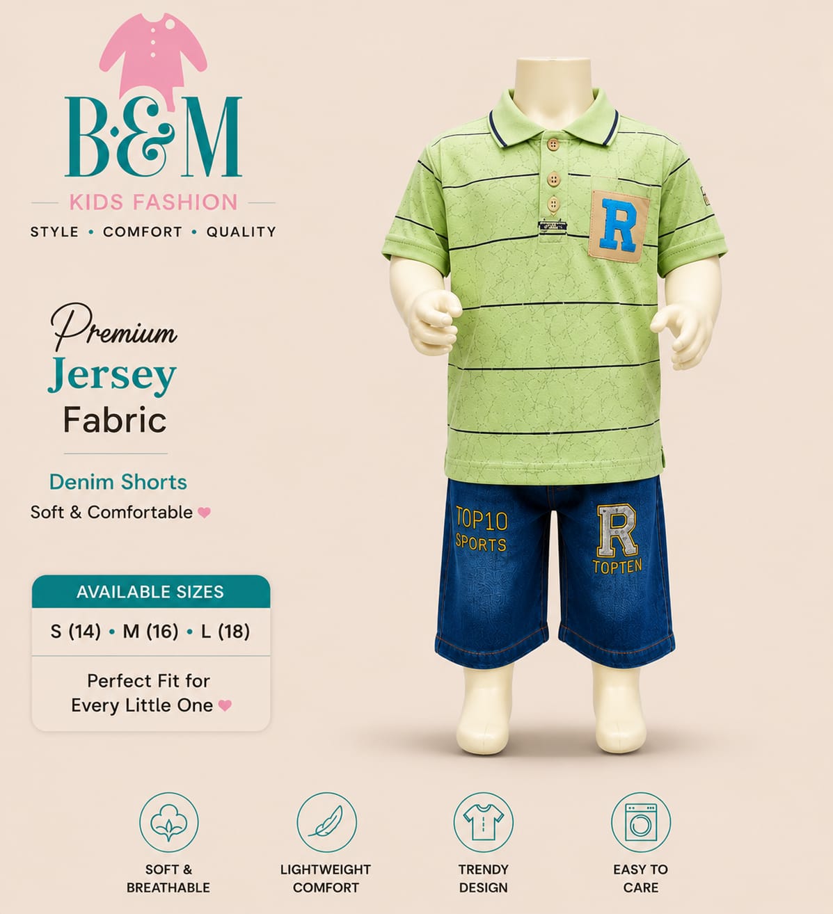 Boys Summer Jersey Set with Denim Shorts | Sizes 14–18
