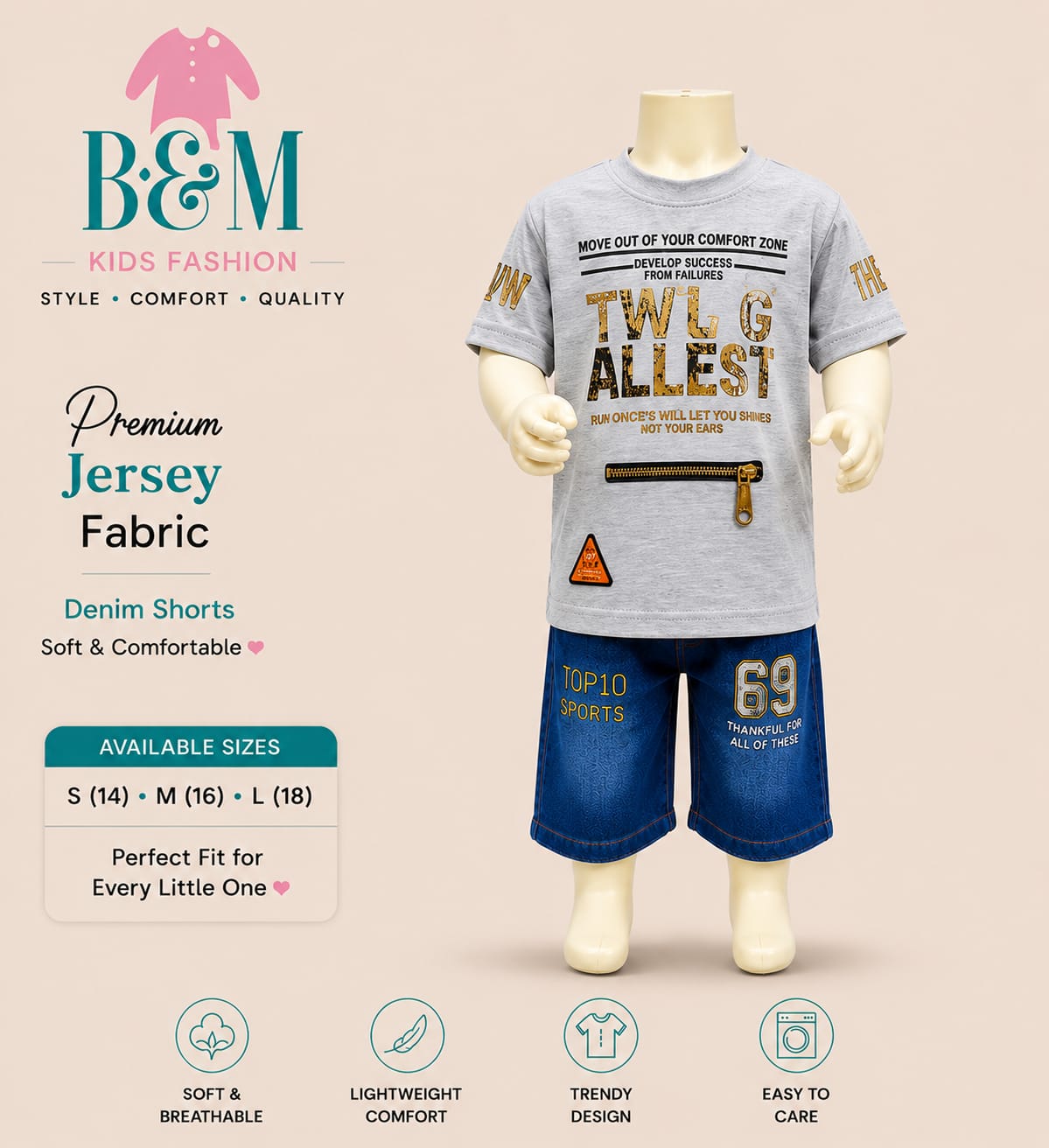 Boys Summer Jersey Set with Denim Shorts | Sizes 14–18