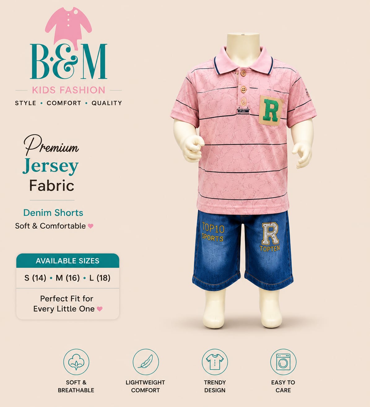 Boys Summer Jersey Set with Denim Shorts | Sizes 14–18