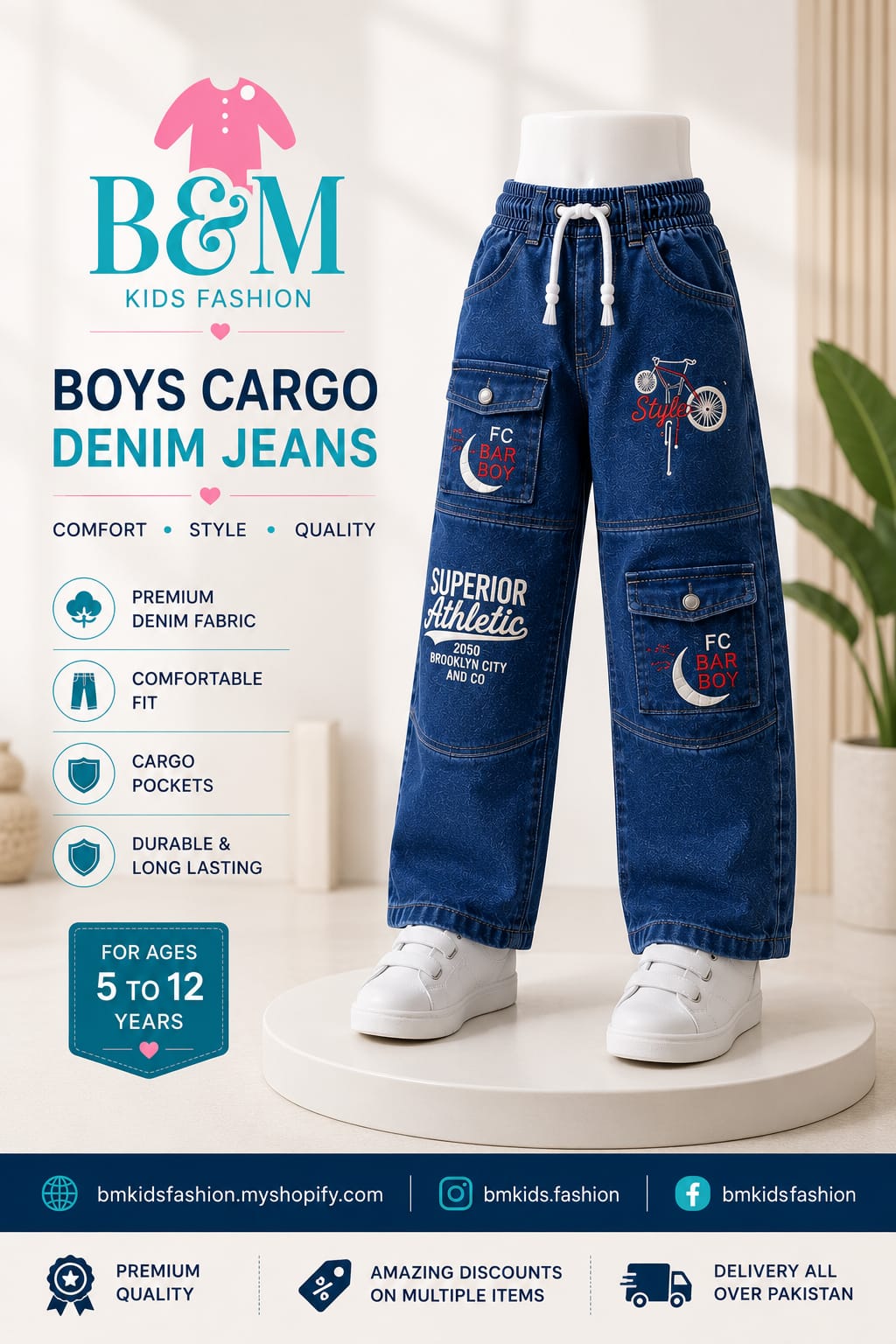 Boys Denim Cargo Pants | Sizes 24–34