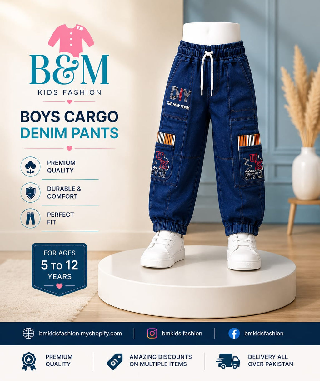 Boys Denim Cargo Pants | Sizes 24–34 | Multi-Color