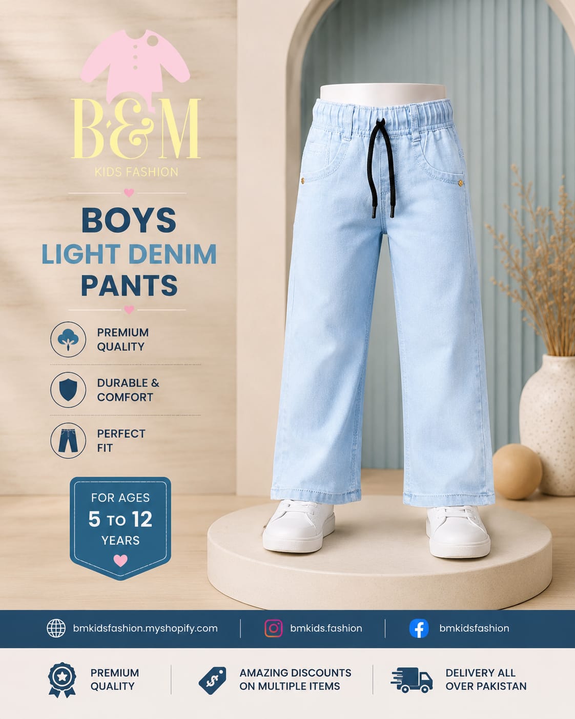 Boys Stretch Denim Cargo Pants | Sizes 24–34