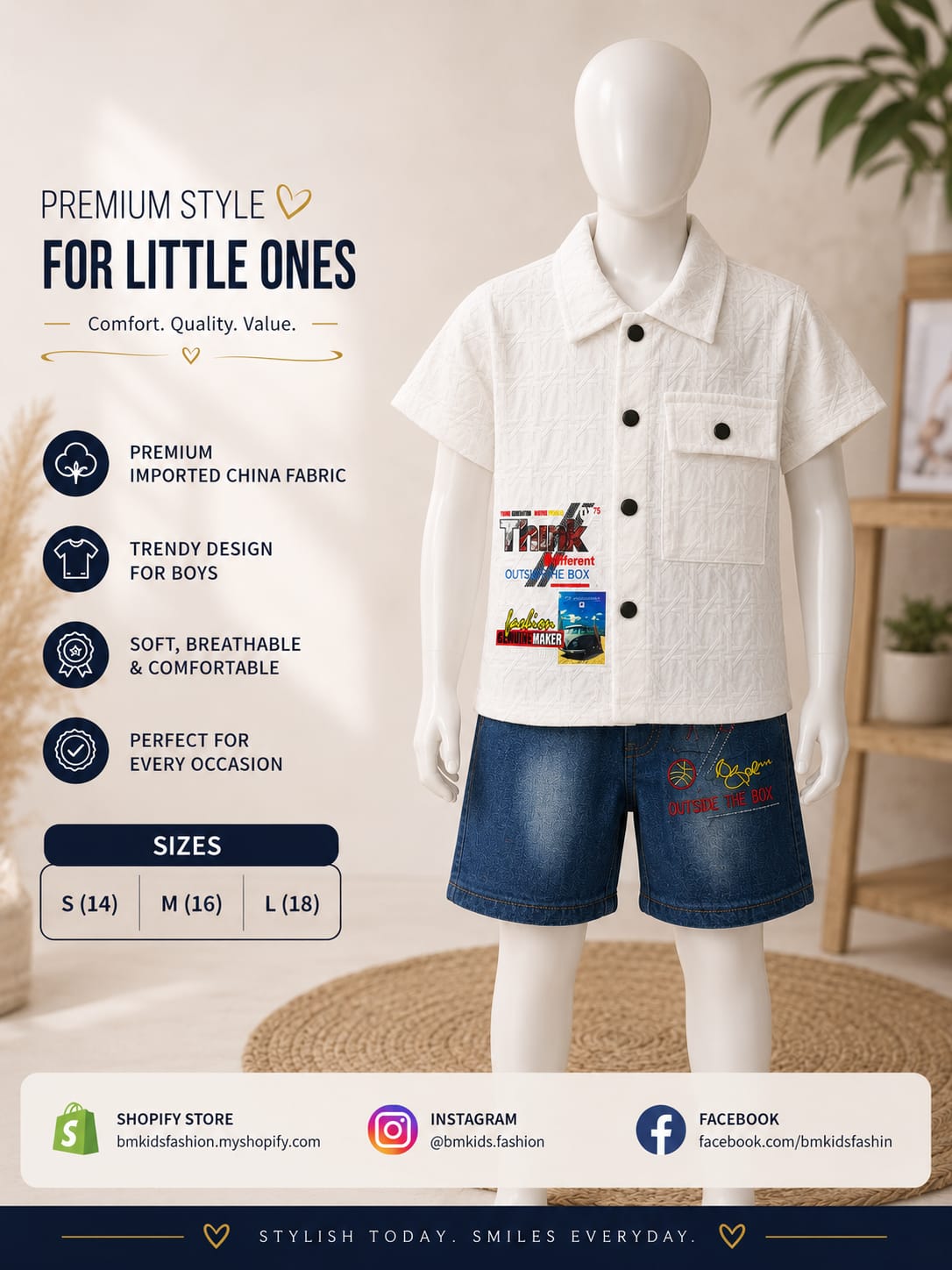 Boys China Imported Fabric Summer Set with Denim Shorts | Sizes 14–18