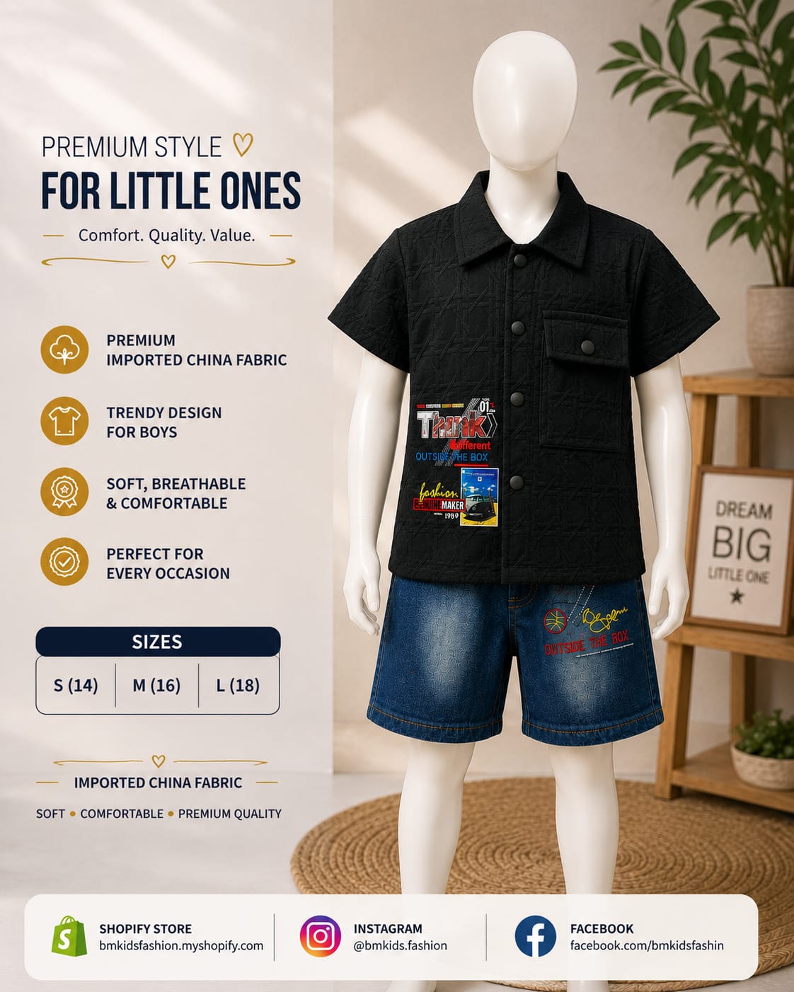 Boys China Imported Fabric Summer Set with Denim Shorts | Sizes 14–18