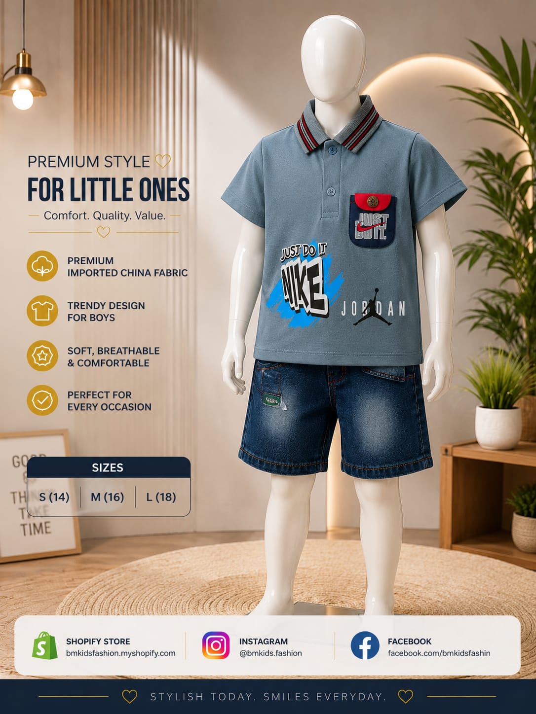Boys Dry-Fit Summer Set with Denim Shorts | Sizes 14–18