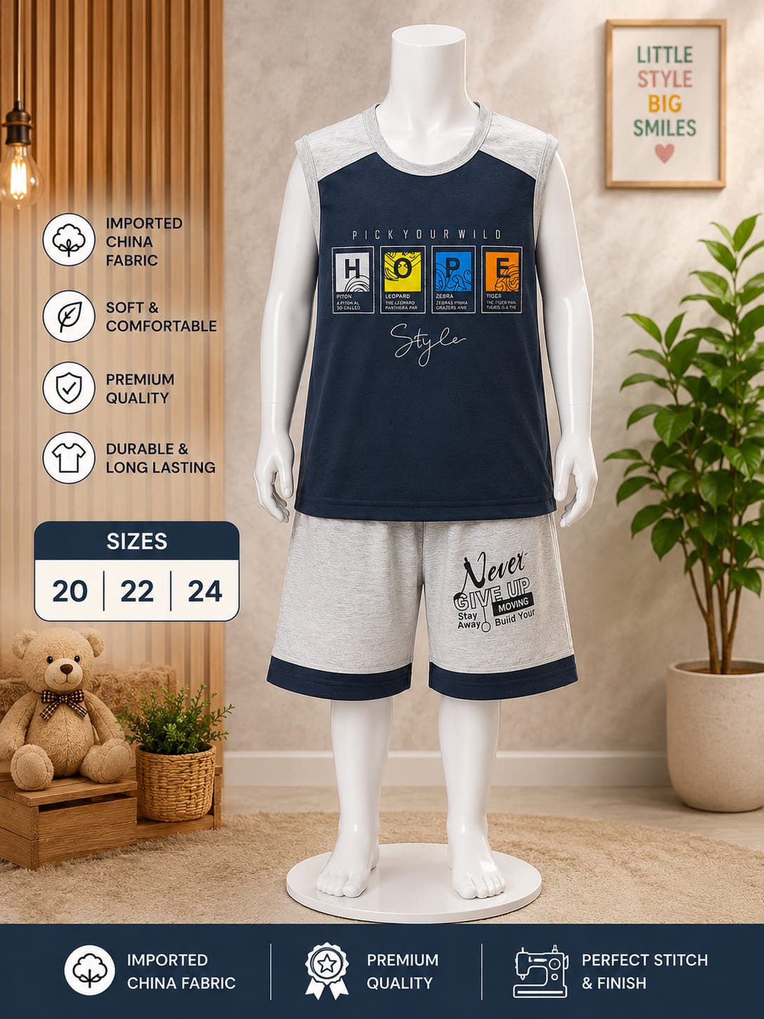 Boys navy and red China yarn full set sizes 20 to 24