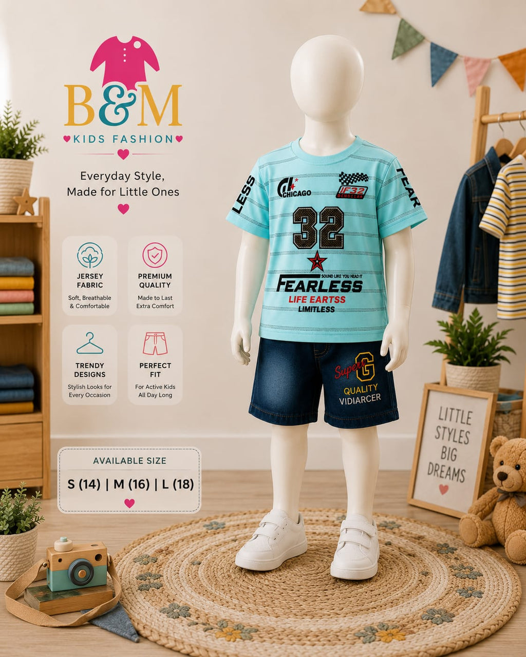 Boys Summer Jersey Set | Blue & Beige | Sizes 14–18