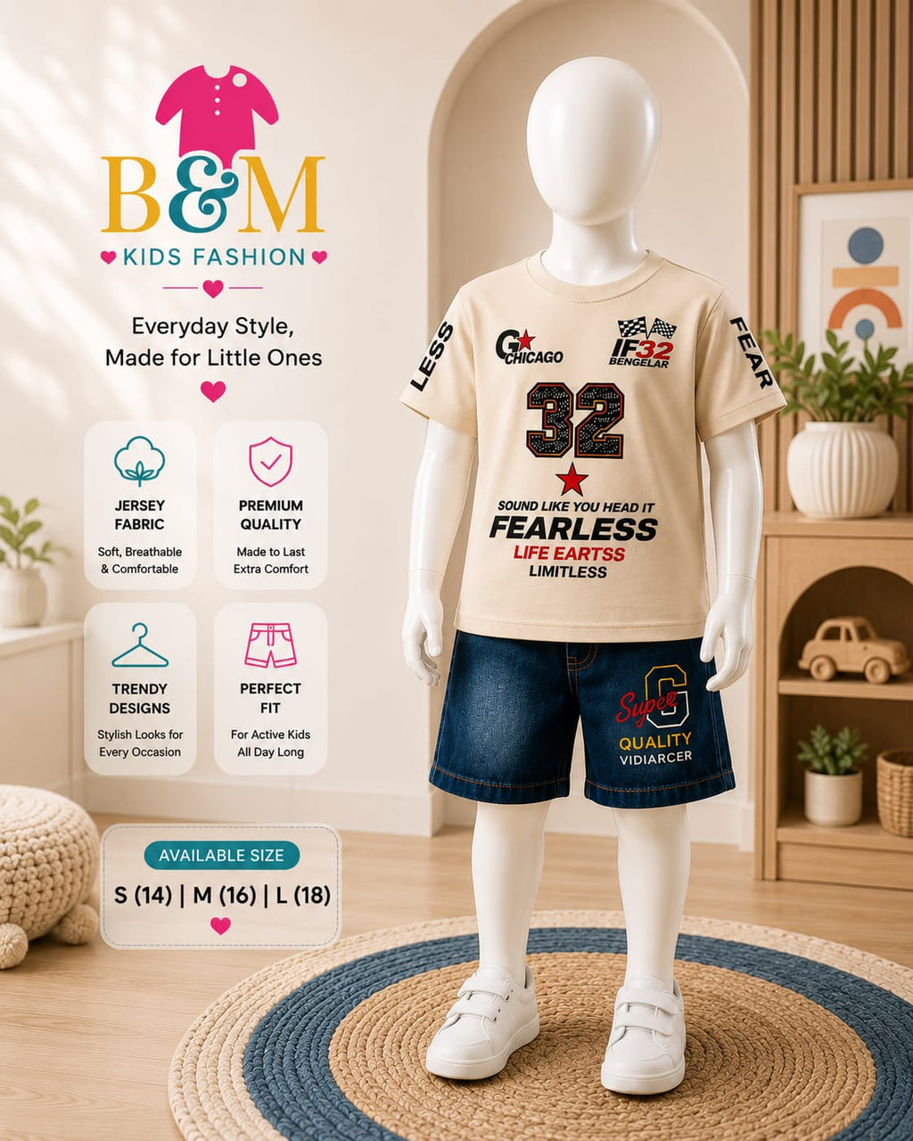 Boys Summer Jersey Set | Blue & Beige | Sizes 14–18